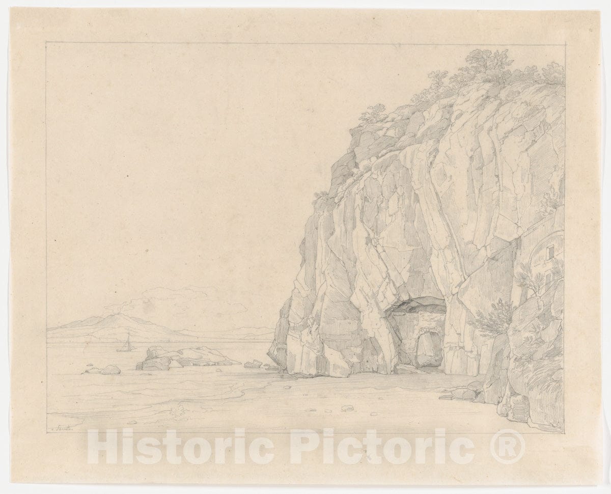 Art Print : Heinrich Reinhold - A Grotto Near Sorrento, with a Distant View of The Vesuvius : Vintage Wall Art