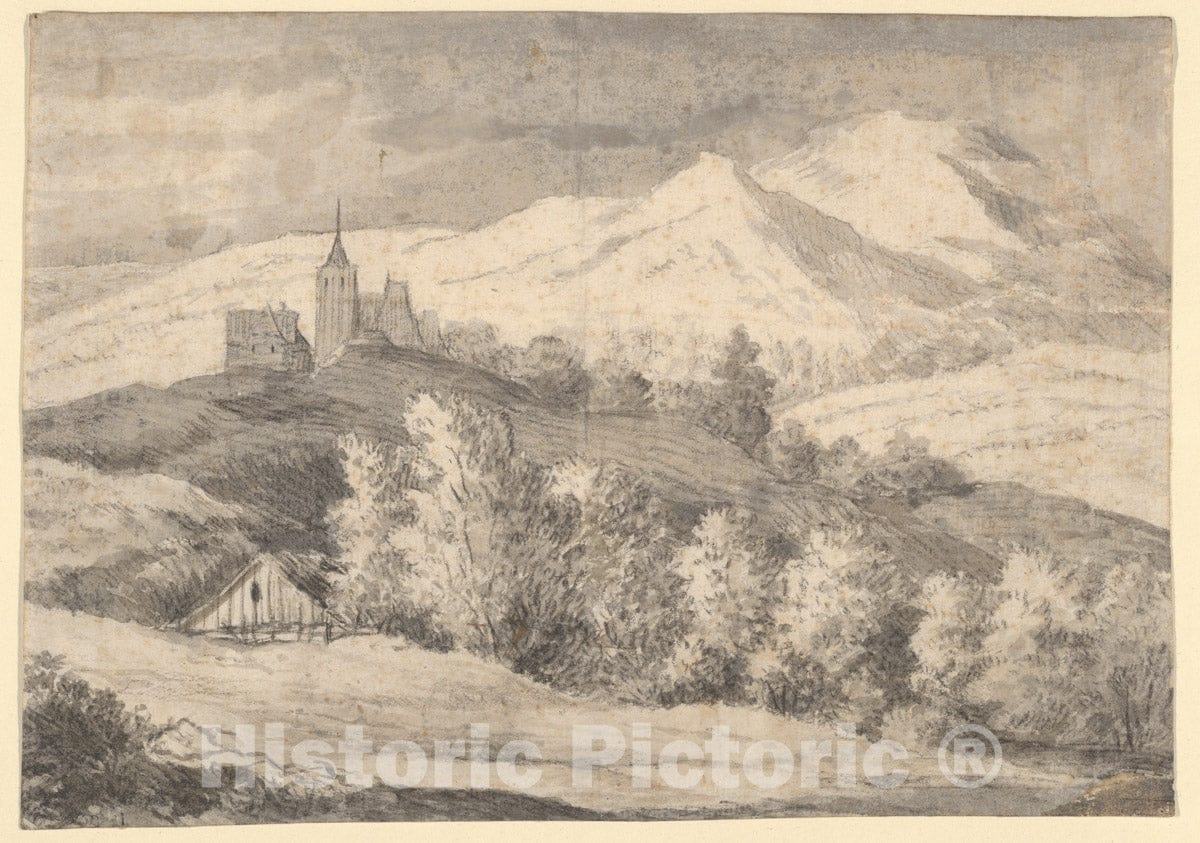 Art Print : Dutch, 17th Century - Mountaineous Landscape with a Church and Other Buildings : Vintage Wall Art