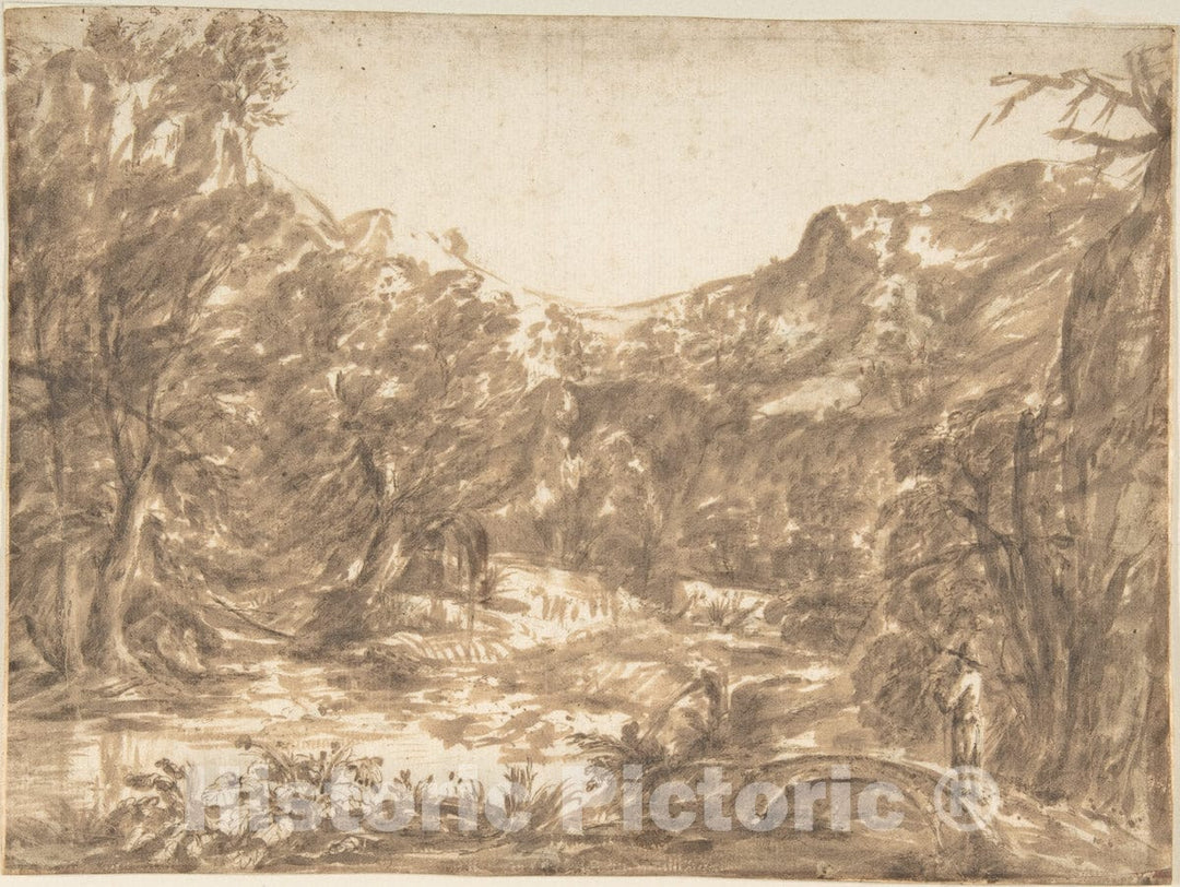 Art Print : Italian, Roman-Bolognese, 17th Century - Landscape with Figure Standing on a Bridge : Vintage Wall Art