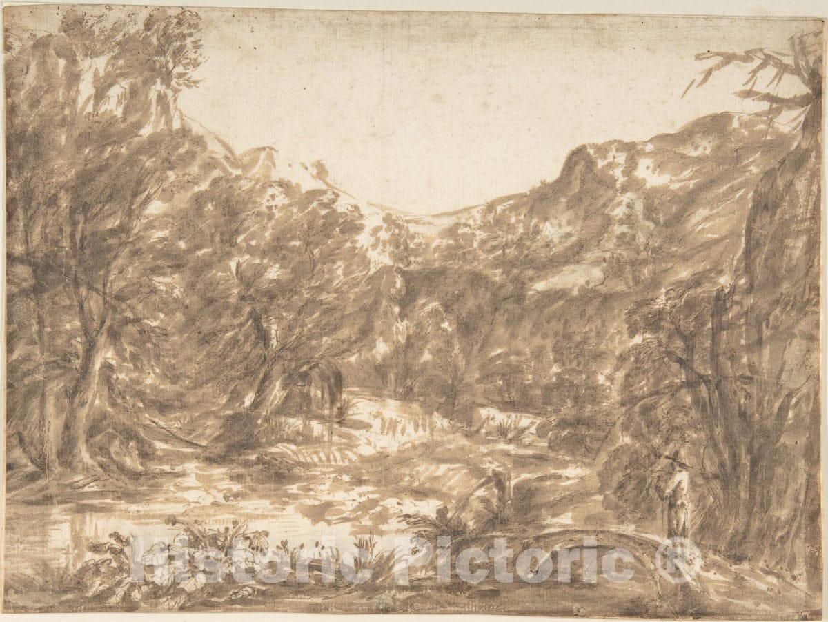 Art Print : Italian, Roman-Bolognese, 17th Century - Landscape with Figure Standing on a Bridge : Vintage Wall Art