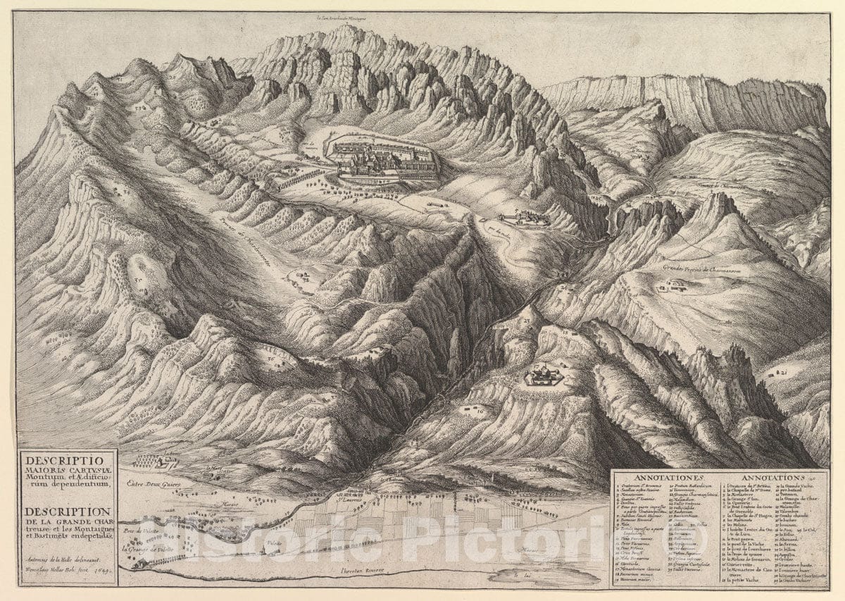 Art Print : Wenceslaus Hollar - View of La Grande Chartreuse in The French Alps/Descriptio Maioris Cartusiæ Montium, et Ædificiorum dependentium : Vintage Wall Art