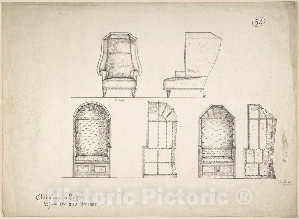 Art Print : Charles Hindley and Sons - Designs for Chair and Window Seats : Vintage Wall Art