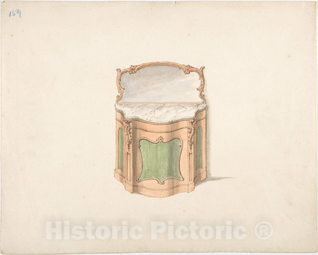 Art Print : British, 19th Century - Design for a Dressing Cabinet with Marble Top and Mirror : Vintage Wall Art