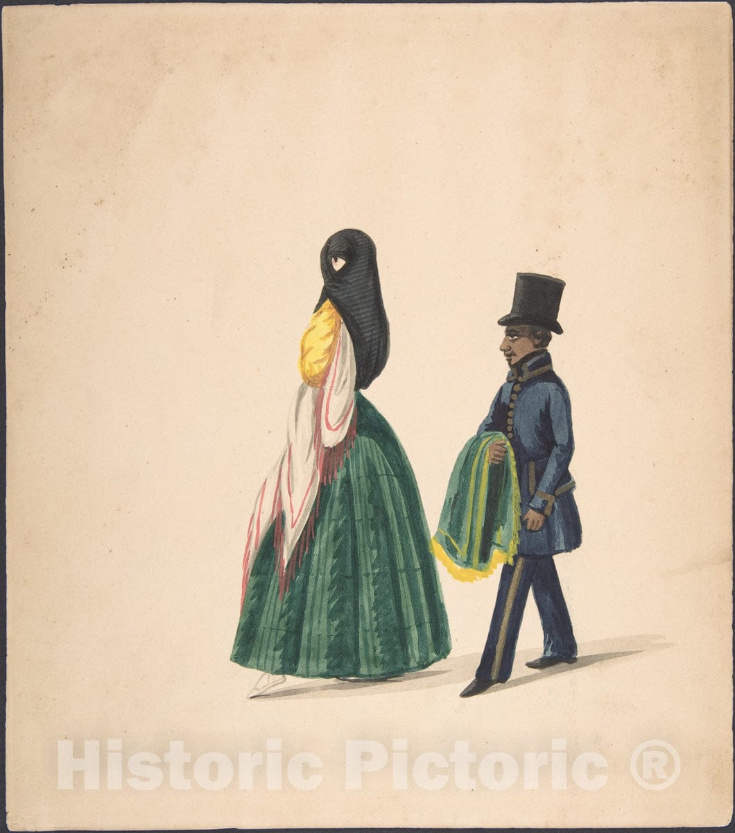 Art Print : Peruvian, 19th Century - A Woman, Followed by Her Servant 1 : Vintage Wall Art