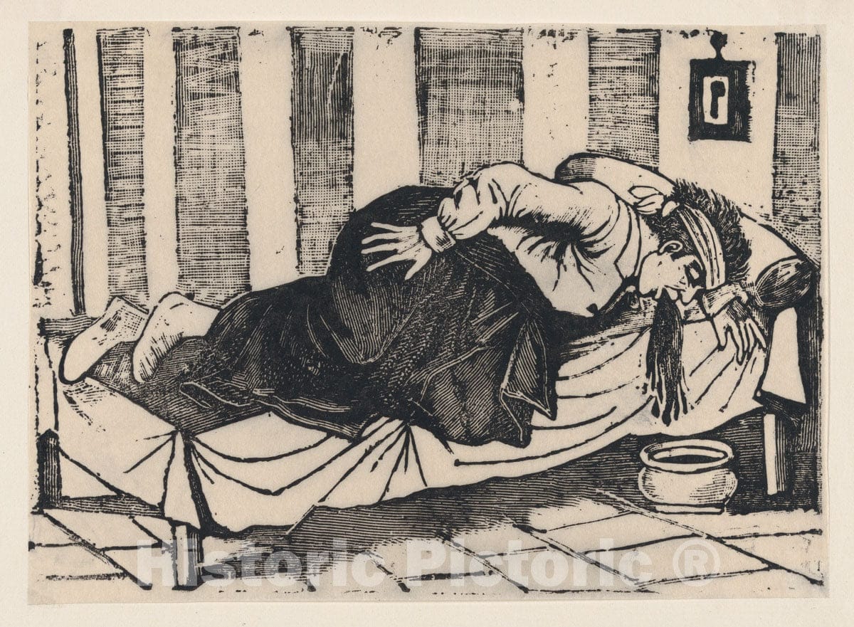 Art Print : A Man Leaning Over The Side of a Bed Vomiting - Artist: Jose Guadalupe Posada - Created: 1892 : Vintage Wall Art