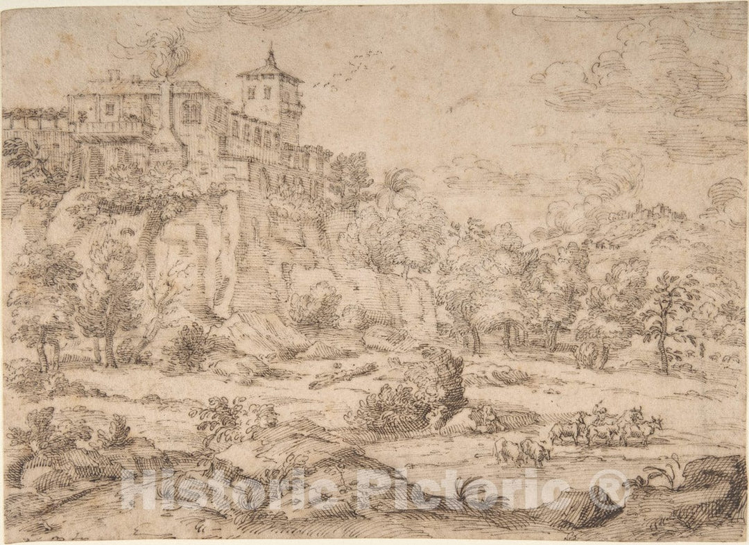 Art Print : Guillerot - Landscape with Hilltop Villa : Vintage Wall Art