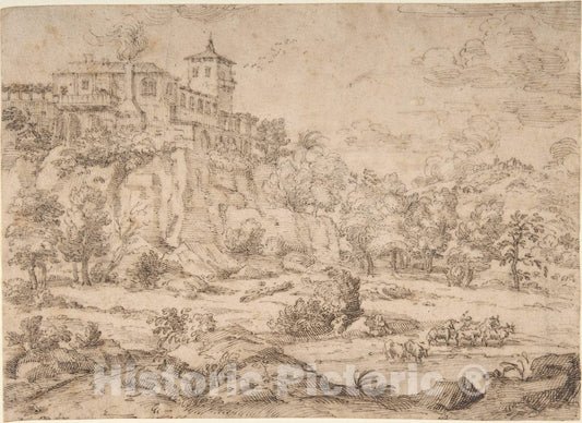Art Print : Guillerot - Landscape with Hilltop Villa : Vintage Wall Art