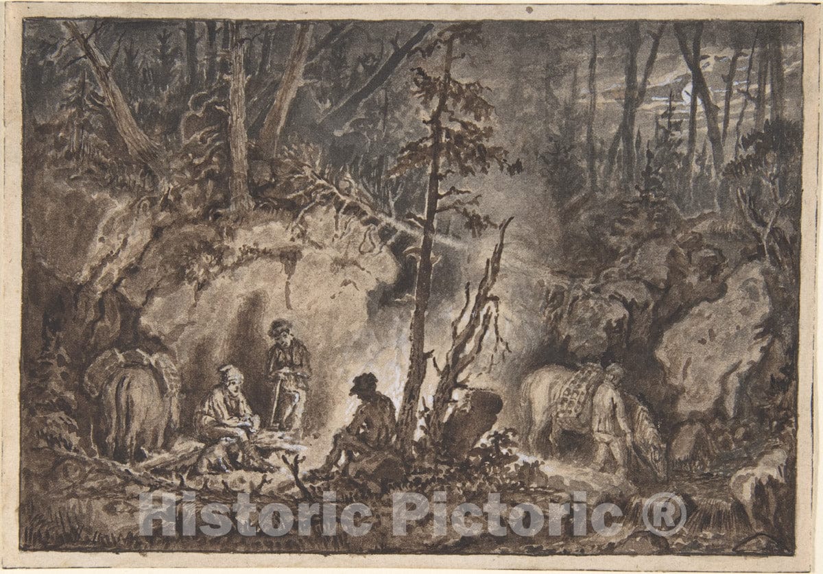 Art Print : Kilian Christoffer Zoll - Hunters Resting in a Forest at Night : Vintage Wall Art