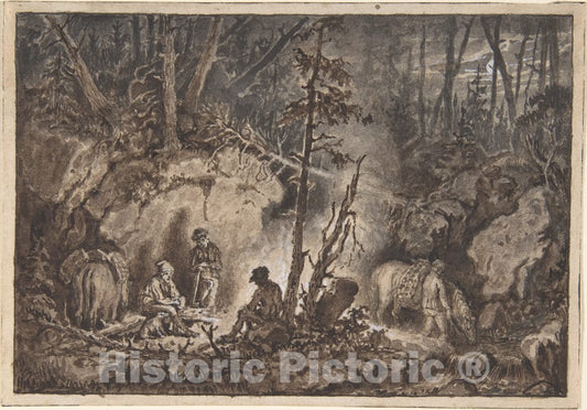 Art Print : Kilian Christoffer Zoll - Hunters Resting in a Forest at Night : Vintage Wall Art