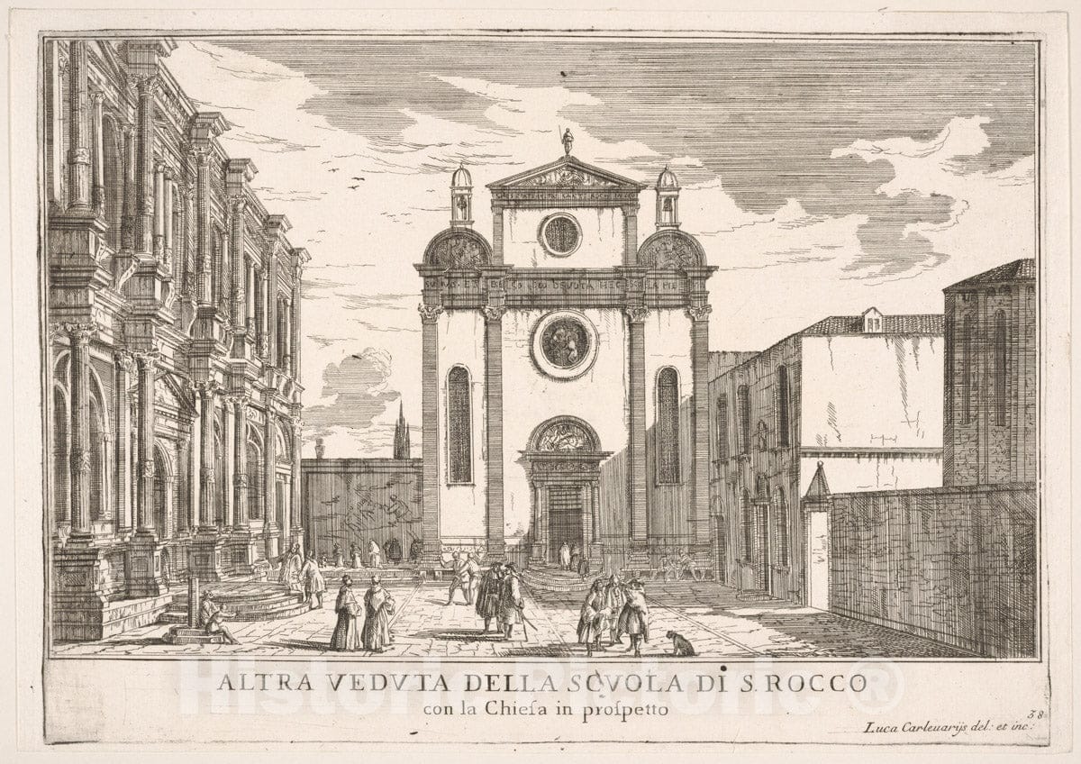 Art Print : Plate 38: View of The Facade of The Church of St. Roch and at Left The Facade of The School of St. Roch - Artist: Luca Carlevaris - 1703 : Vintage Wall Art