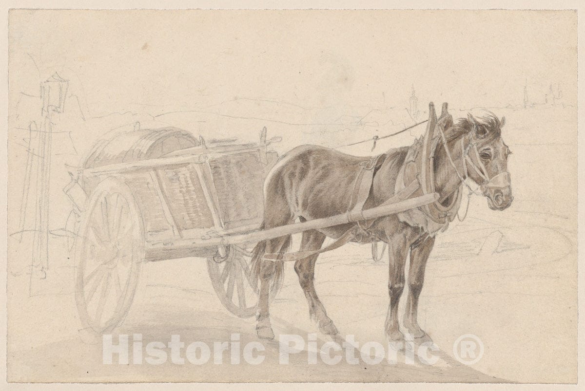 Art Print : Johann Adam Klein - A Cart Drawn by a Brown Horse Near a Lamp Pole