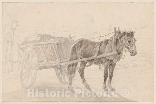 Art Print : Johann Adam Klein - A Cart Drawn by a Brown Horse Near a Lamp Pole