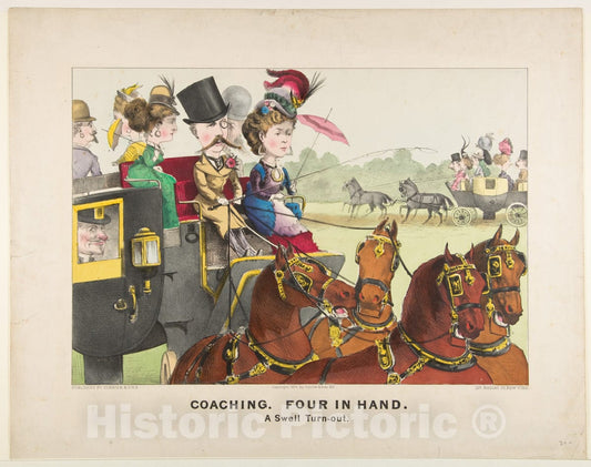 Art Print : Lithographed and published by Currier & Ives - Coaching – Four in Hand – A Swell Turn-Out : Vintage Wall Art