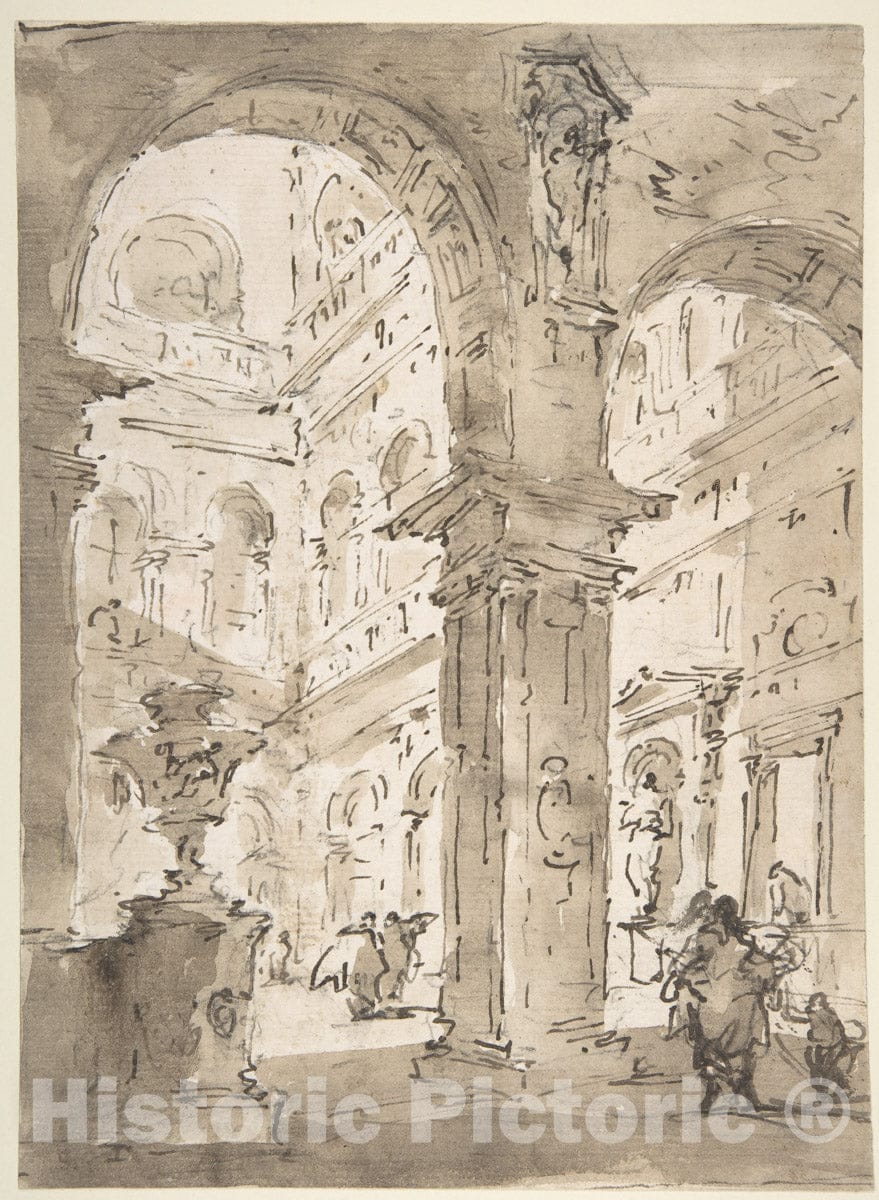 Art Print : Francesco Guardi - Architectural Capriccio: Courtyard of a Palace (Recto)
