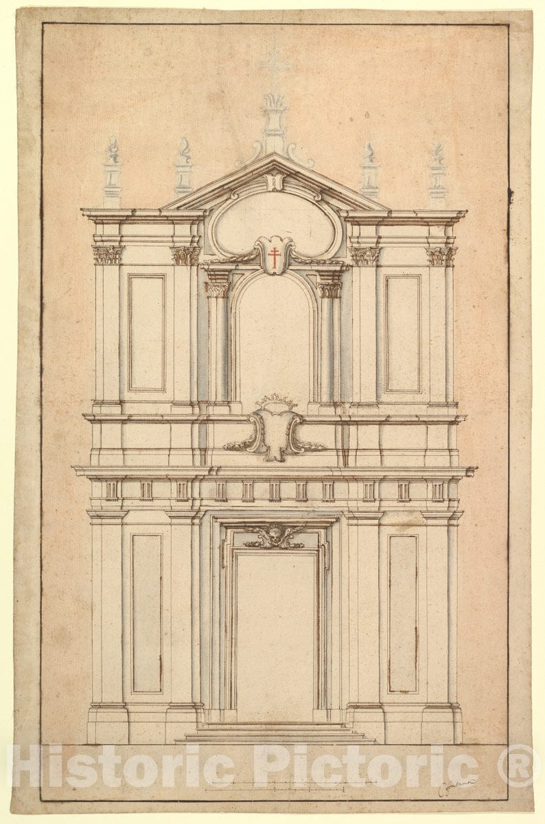Art Print : Carlo Fontana - Design for The Façade of Santi Faustino e Giovita, Rome : Vintage Wall Art
