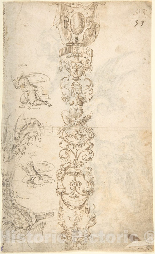 Art Print : Andrés de Melgar - Candelabra Grotesque and Various Figure Studies (Recto)