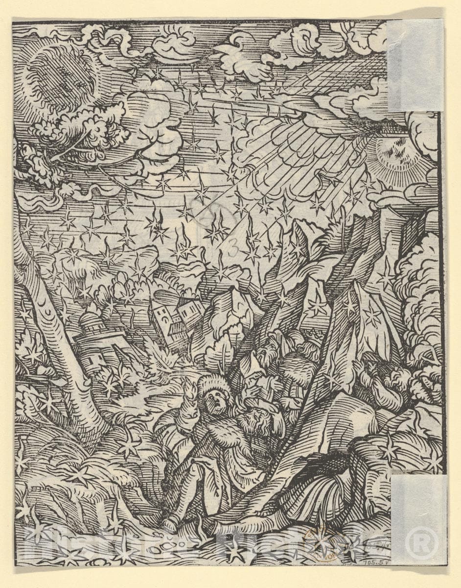 Art Print : Hans Burgkmair - Verso of Sheet with The Fire-Rain, from The Apocalypse : Vintage Wall Art