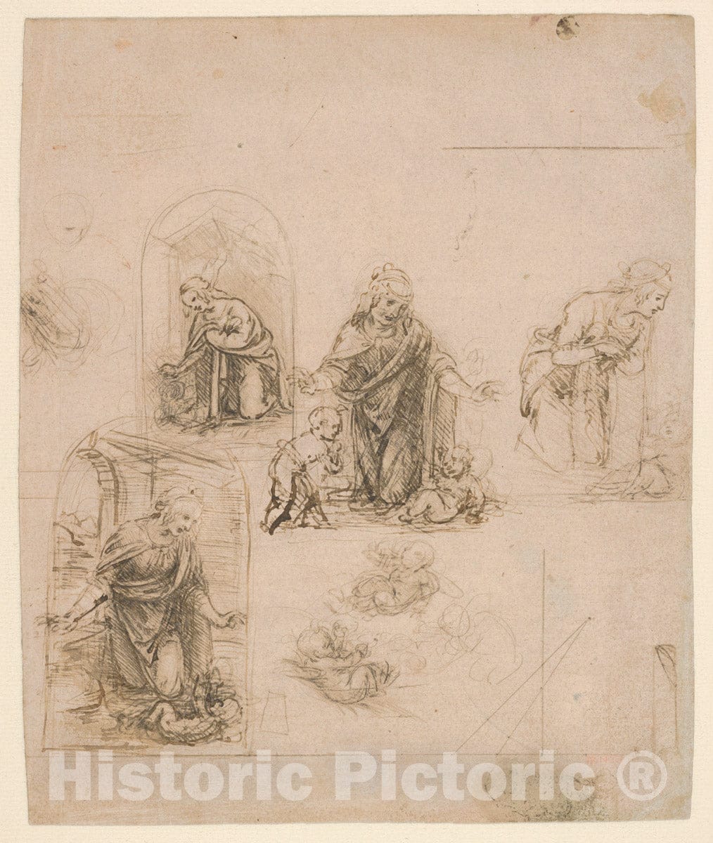 Art Print : Compositional Sketches for The Virgin Adoring The Christ Child - Artist: Leonardo da Vinci - Created: 1480–85 : Vintage Wall Art