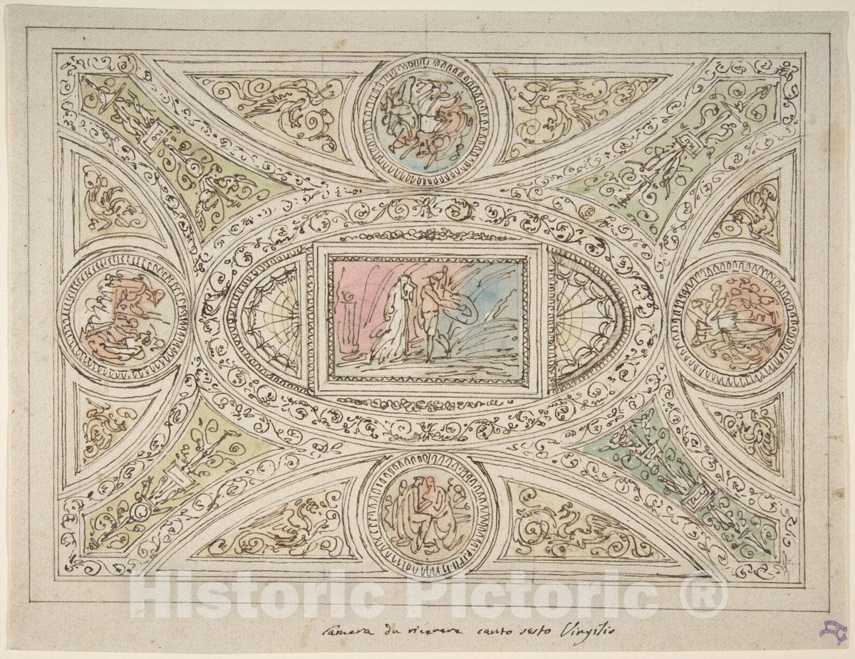 Art Print : Felice Giani - Design for a Ceiling with Decoration Related to Virgil's Sixth Canto : Vintage Wall Art