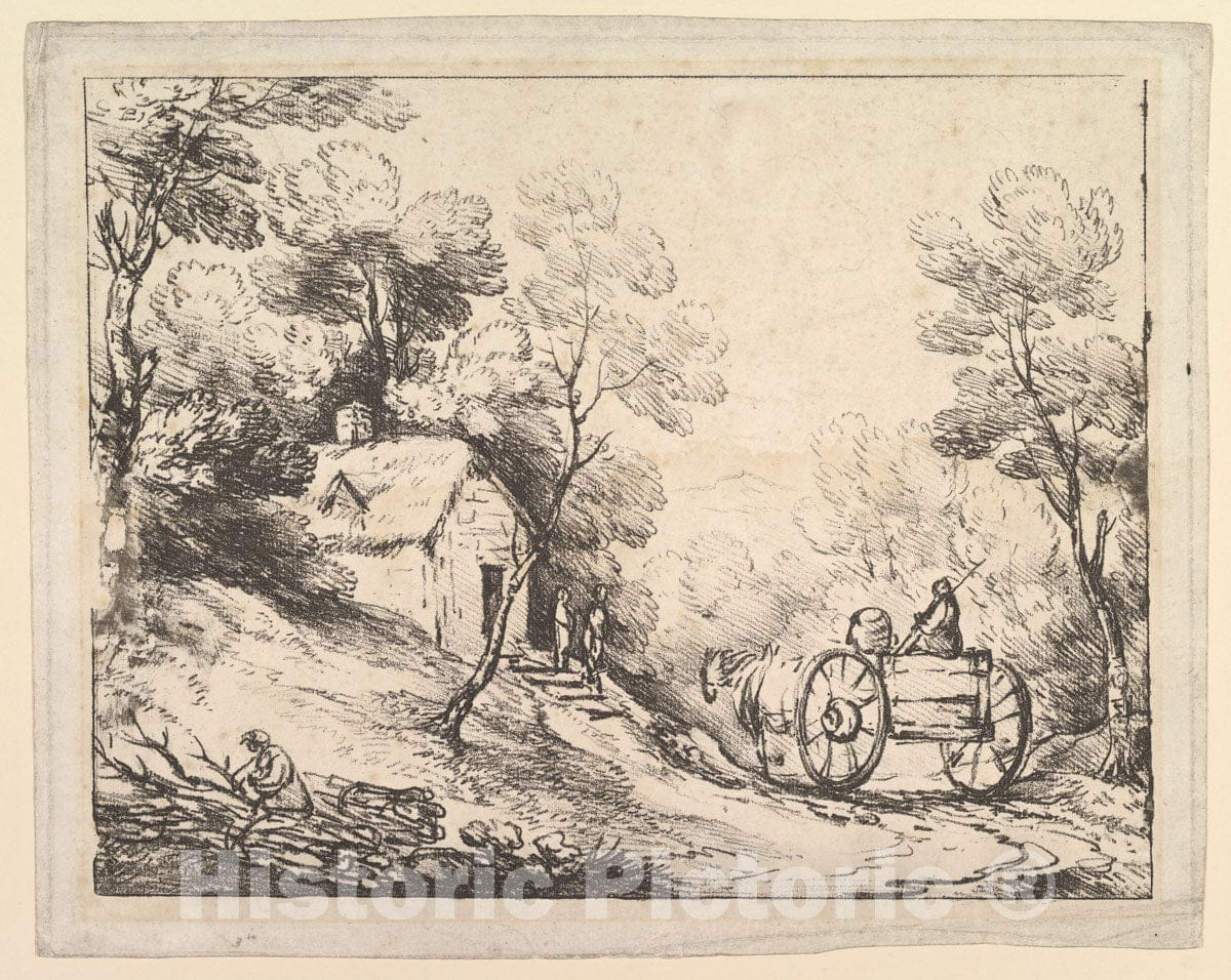 Art Print : Thomas Gainsborough - Wooded Landscape with Country Cart, Cottage and Figures : Vintage Wall Art