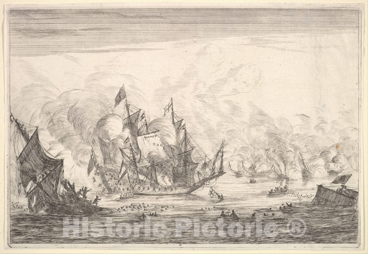 Art Print : Reinier Nooms, Called Zeeman - Naval Battle with an English Ship Foundering on The Left, from Naval Battles (Nieuwe Scheeps Batalien), Plate 5 : Vintage Wall Art