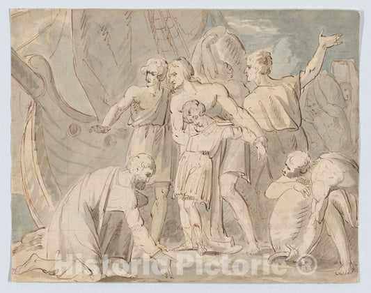 Art Print : William Hamilton - Historical Subject with Men and a Boy Near a Ship (Recto)