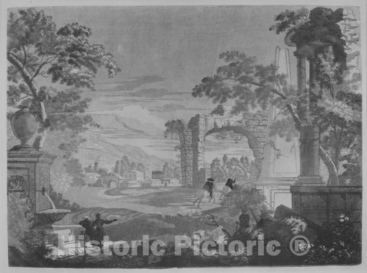 Art Print : John Baptist Jackson - Heroic Landscape with Watering Place, Riders, and Obelisk : Vintage Wall Art