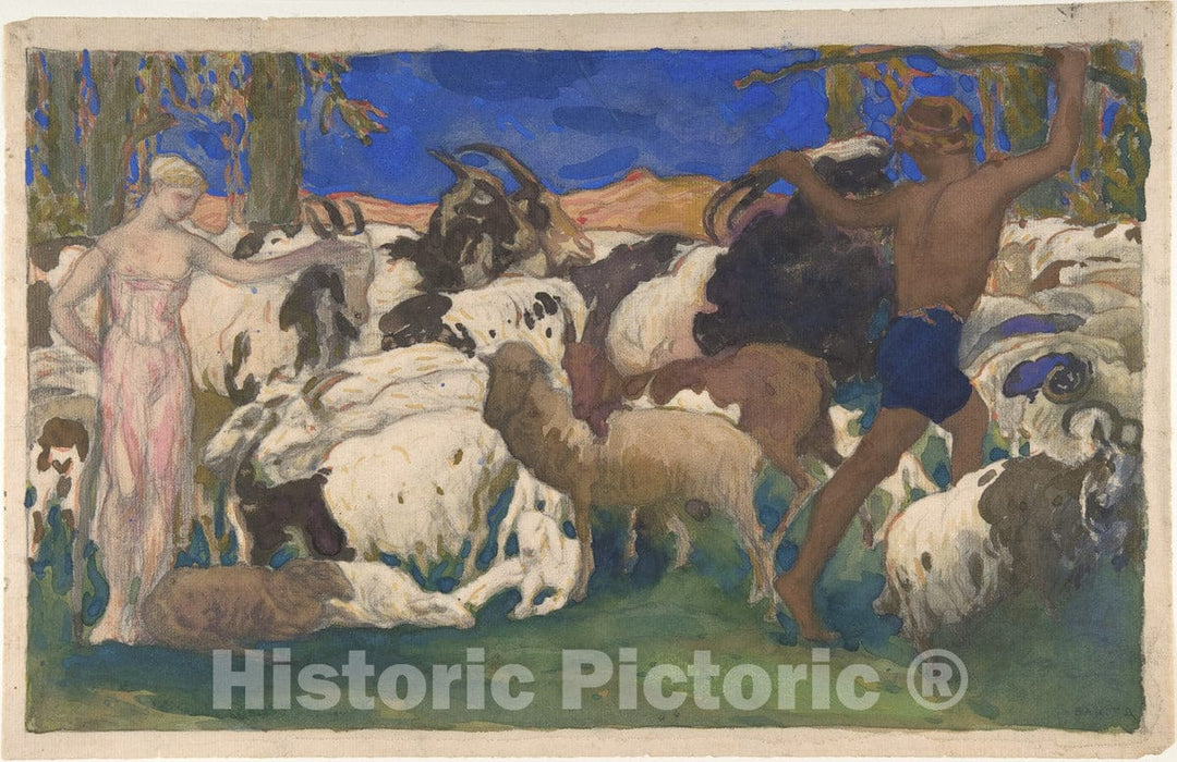 Art Print : Léon Bakst - Landscape with Shepherds, Set Design for The Ballet 'Daphnis and Chloé', Performed at The Théâtre du Châtelet in Paris, 1912 : Vintage Wall Art