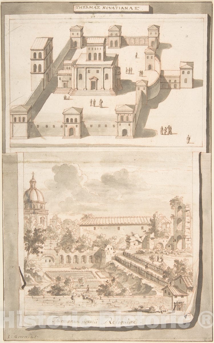Art Print : Jan Goeree - A Reconstruction of The Thermae of Novitian (Above) and a View of The Ruins (Below) : Vintage Wall Art