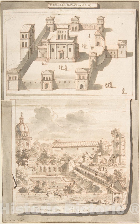 Art Print : Jan Goeree - A Reconstruction of The Thermae of Novitian (Above) and a View of The Ruins (Below) : Vintage Wall Art