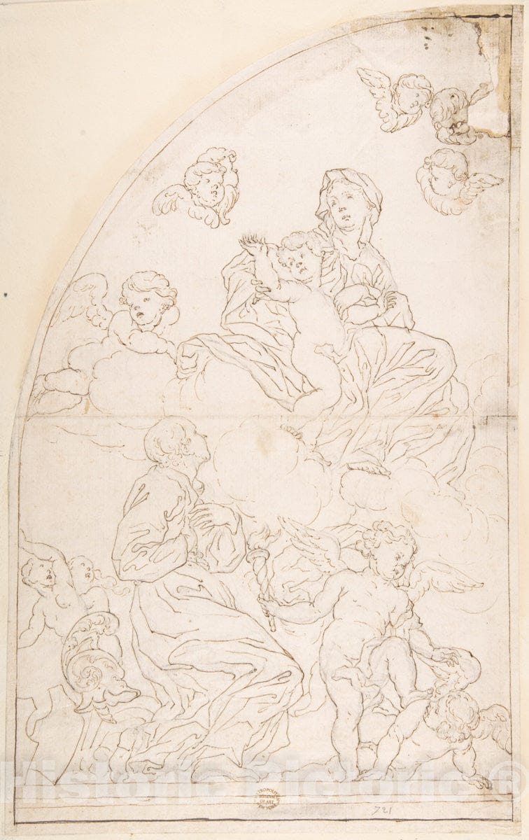 Art Print : Italian, Roman-Bolognese, 17th Century - Saint Adoring The Madonna and Child 1 : Vintage Wall Art