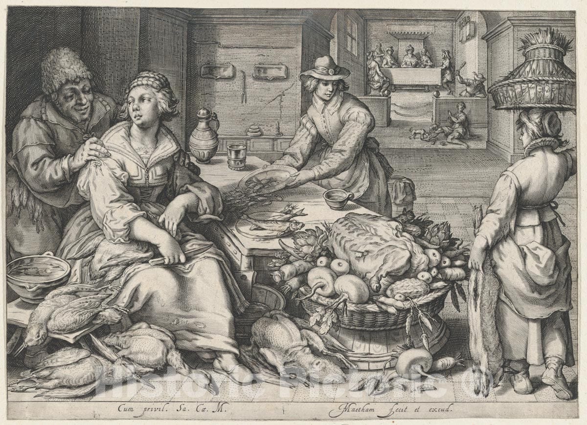 Art Print : Jacob Matham - Kitchen Scene with a Maid Drawing Poultry : Vintage Wall Art