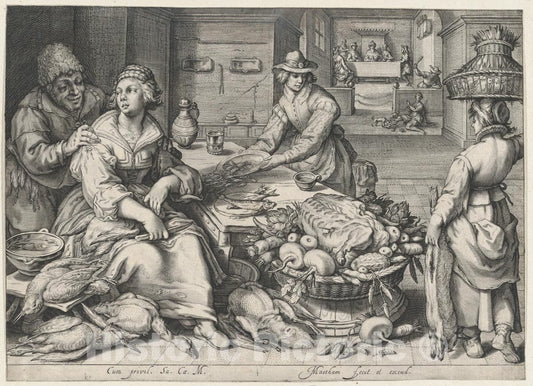 Art Print : Jacob Matham - Kitchen Scene with a Maid Drawing Poultry : Vintage Wall Art