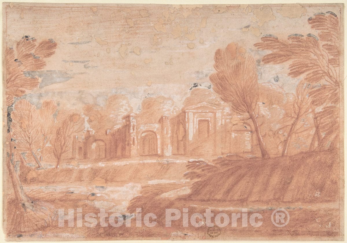 Art Print : Italian, Roman-Bolognese, 17th Century - Landscape with Architectural Structure : Vintage Wall Art