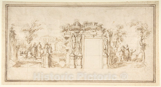 Art Print : Italian, First Half of The 18th Century - Design for a Painted Wall Decoration, with Figures in a Landscape with Classical Ruins : Vintage Wall Art