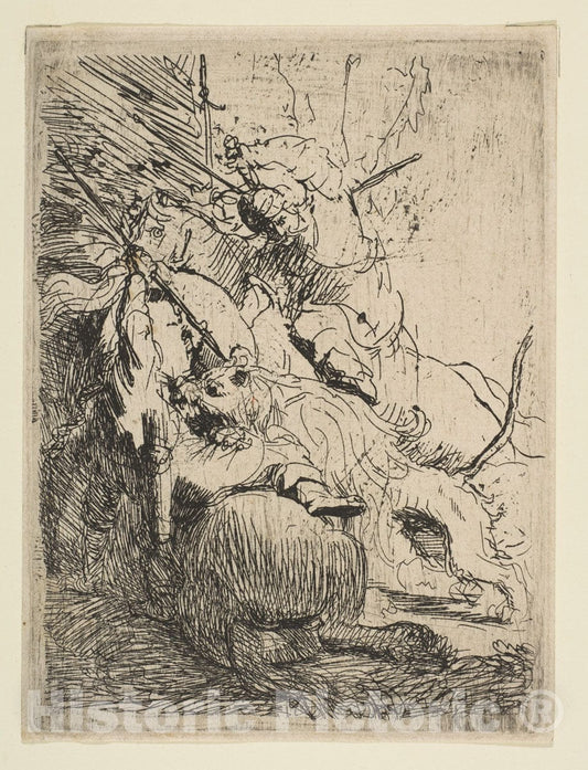 Art Print : Rembrandt (Rembrandt Van Rijn) - The Small Lion Hunt (with One Lion) : Vintage Wall Art
