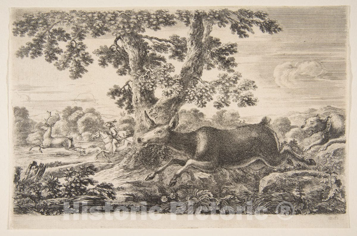 Art Print : Stefano Della Bella - Deer Hunt, from 'Animal Hunts' (Chasses à différents animaux) : Vintage Wall Art