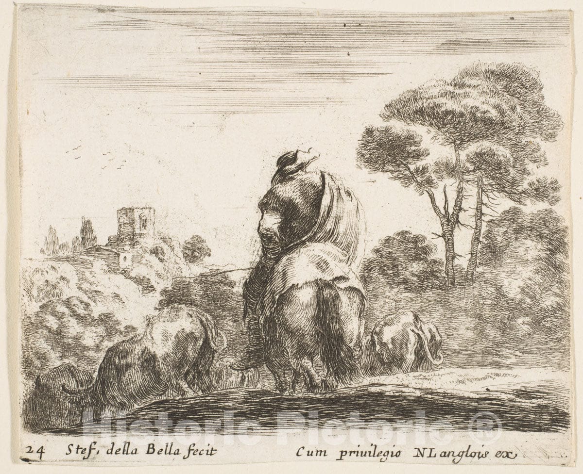 Art Print : Plate 24: Herdsman ATOP a Horse - Artist: Stefano Della Bella - Created: c1644 2 : Vintage Wall Art