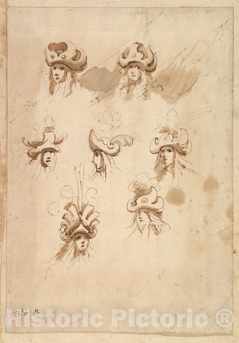 Art Print : Baccio del Bianco - Seven Designs for Hats. : Vintage Wall Art