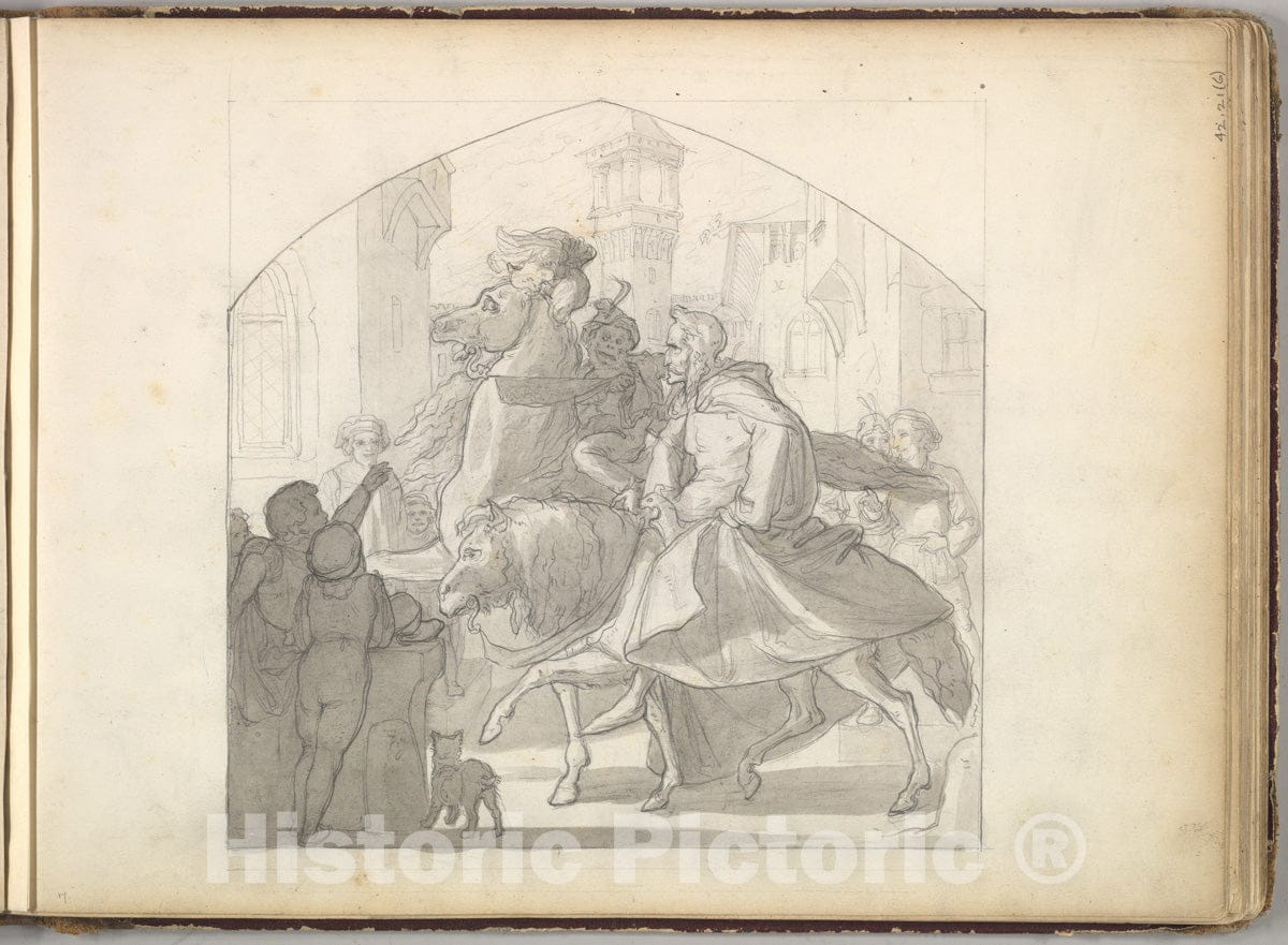 Art Print : Frederic, Lord Leighton - A Man and a Monkey Riding on Horseback (in Sketch Book with Drawings on Twenty-six Leaves) : Vintage Wall Art