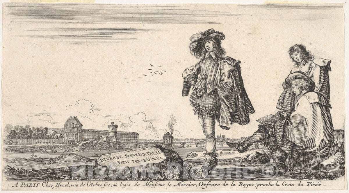 Art Print : A Well-Dressed Man Standing in Center Looking Towards The Left - Artist: Stefano Della Bella - Created: 1649 : Vintage Wall Art