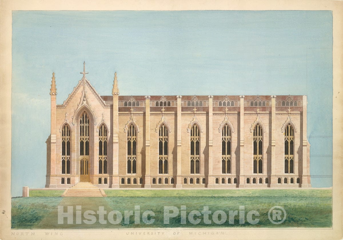Art Print : Alexander Jackson Davis - Design for the North Wing of the Library and Chapel Building at the University of Michigan, Ann Arbor : Vintage Wall Art