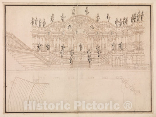 Art Print : Workshop of Giuseppe Galli Bibiena - Design for a Stage Set: Longitudinal Section and Plan of Amphitheater and Stage : Vintage Wall Art