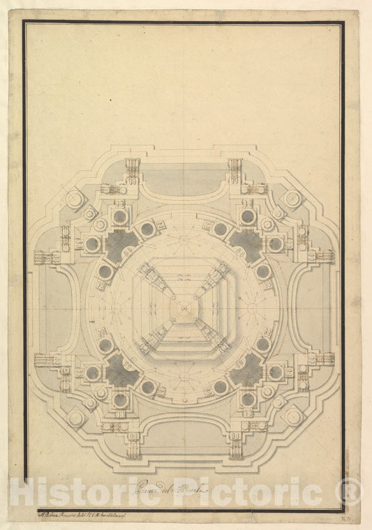 Art Print : Workshop of Giuseppe Galli Bibiena - Ground Plan for The Catafalque for Louis XIV (d. 1715) : Vintage Wall Art