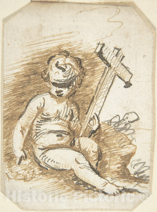 Art Print : Spanish, School of Seville, 17th Century - Infant Christ with The Cross : Vintage Wall Art