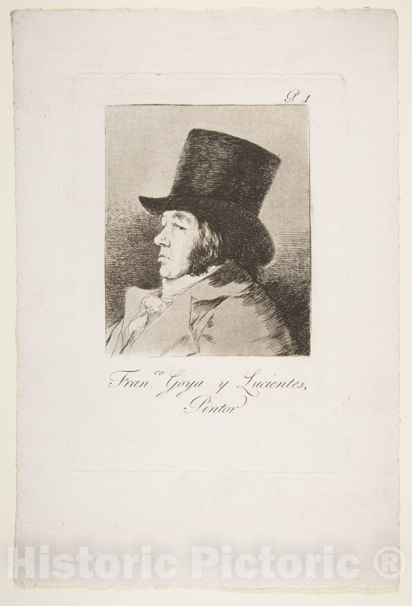Art Print : Goya - Plate 1 from 'Los Caprichos': Self-Portrait of Goya (Franco. Goya e Lucientes, Pintor) : Vintage Wall Art