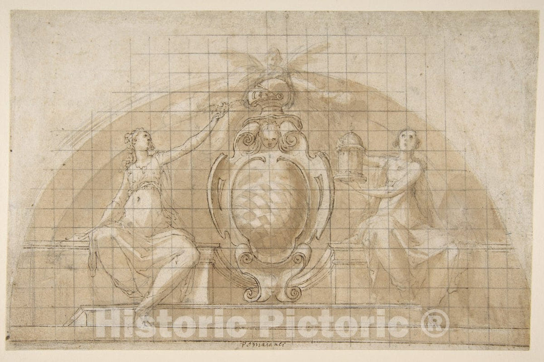 Art Print : Design for a Lunette ation: Coat of Arms Flanked by Seated Allegorical Figures (Recto and Verso) - Artist: Pomarancio (Cristoforo Roncalli) - 1553–1626 : Vintage Wall Art