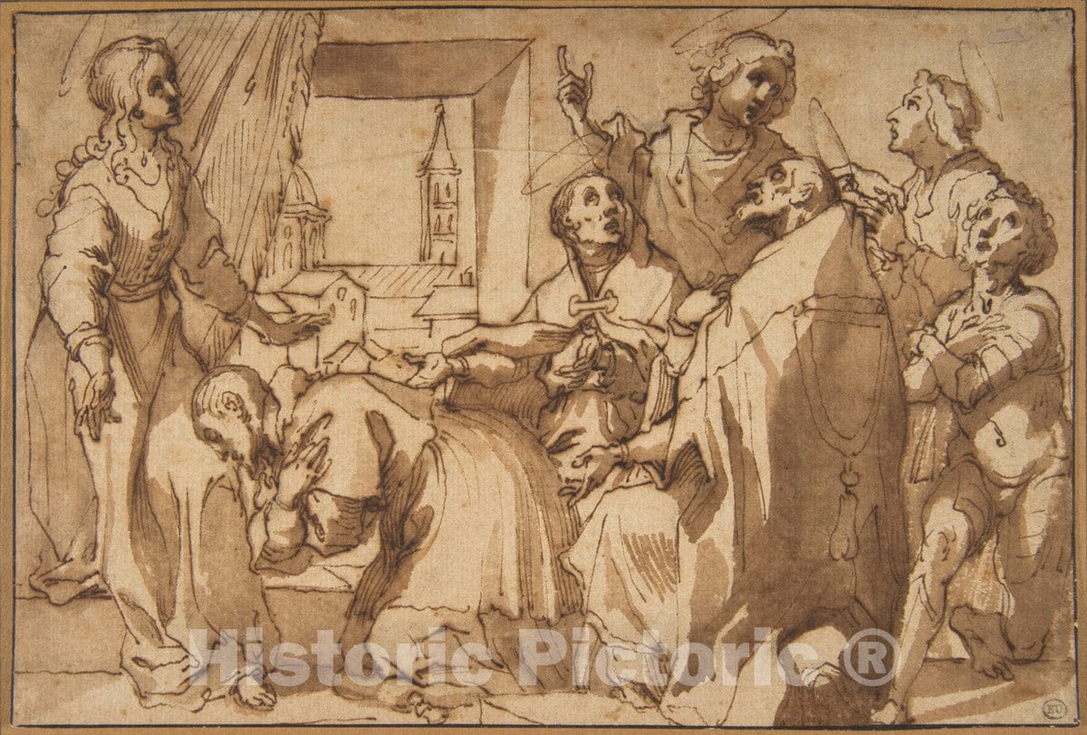 Art Print : Francesco Vanni - Cardinal Paolo Sfondrato Kneeling Before Saint Cecilia, Accompanied by Other Saints : Vintage Wall Art