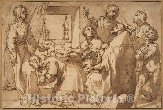 Art Print : Francesco Vanni - Cardinal Paolo Sfondrato Kneeling Before Saint Cecilia, Accompanied by Other Saints : Vintage Wall Art