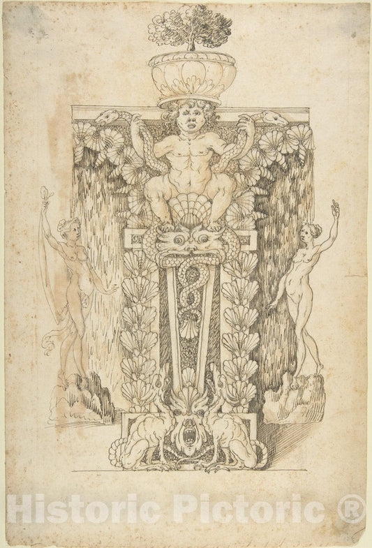Art Print : Italian, Lombard, 16th Century - Design for a Wall Fountain - 423320 : Vintage Wall Art